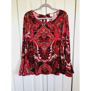 Chico's 3 Paisley Blouse Red Handkerchief Sleeves Tie Back Romantic‎ XL Velour